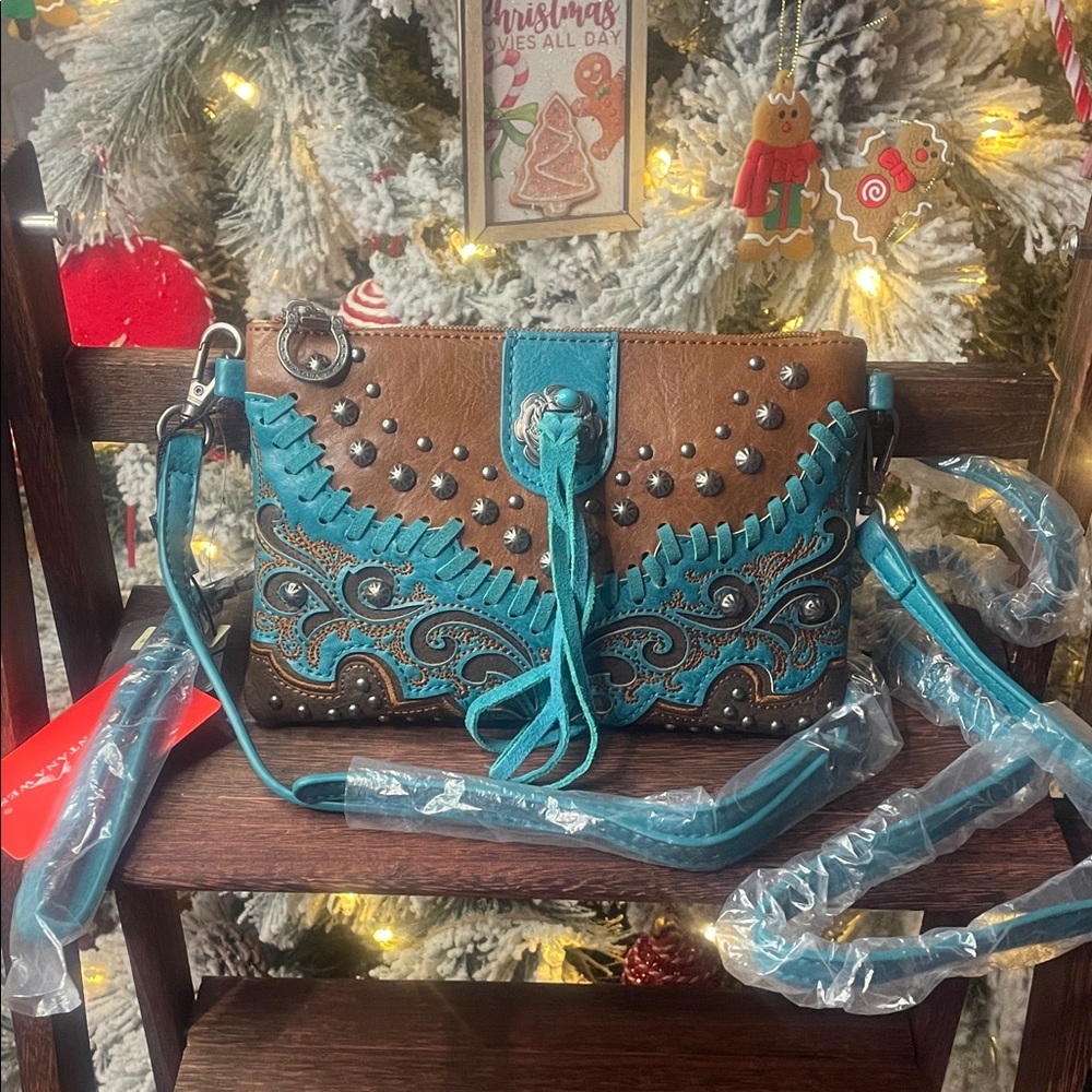 Brown and Turquoise Women's Bag